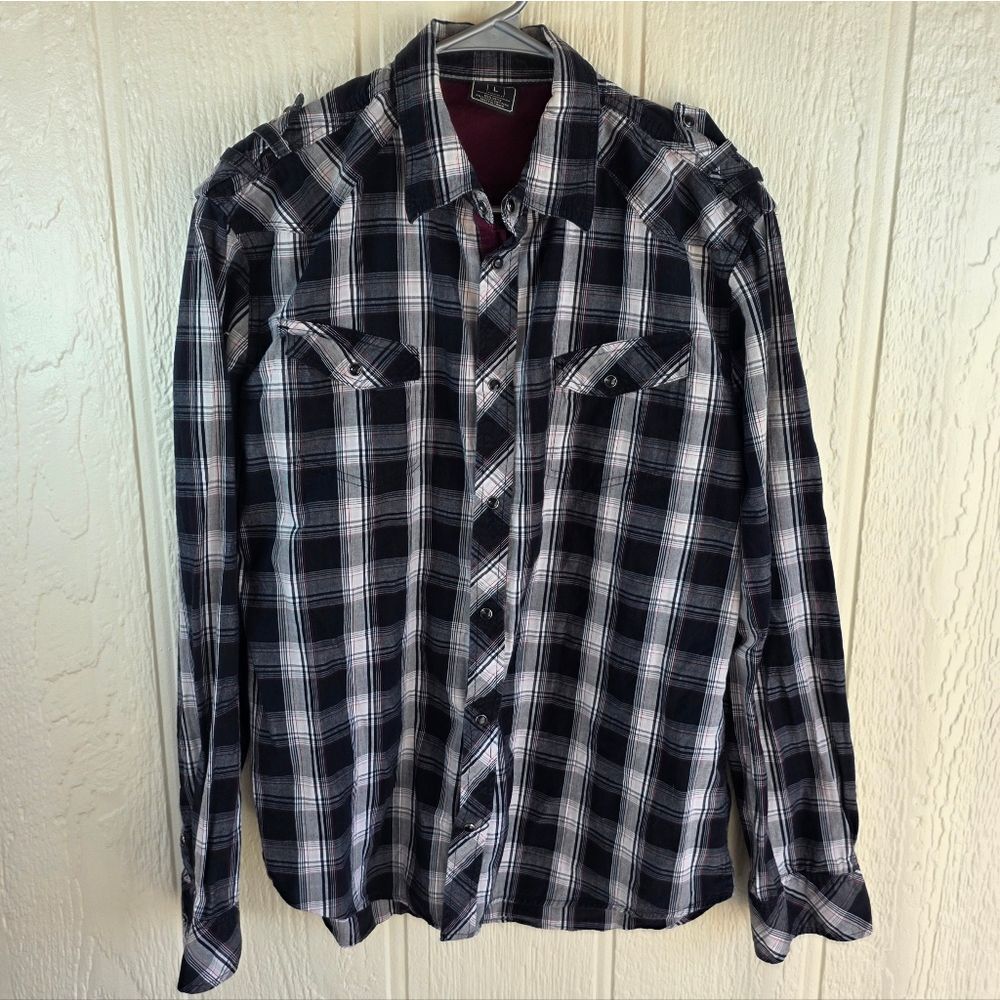 Men's Irreverent Plaid Pearl Snap Casual Shirt in Black and White, Size Large